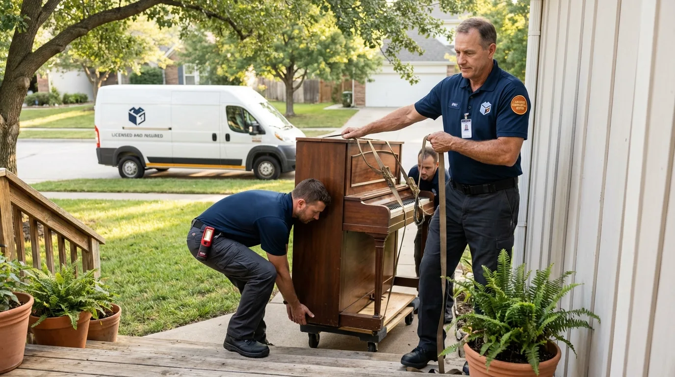 Licensed piano movers securing grand piano in Hormigueros, PR