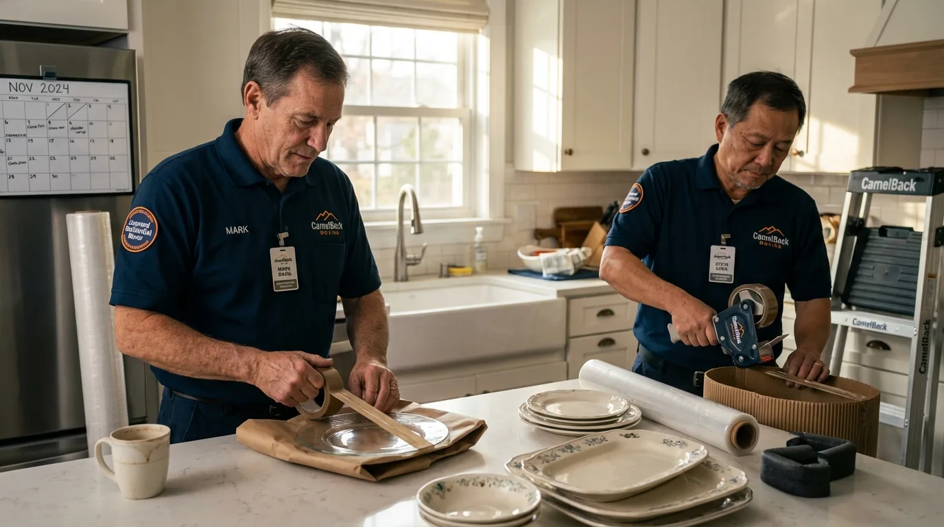 Professional crew packing kitchen dishware in Hormigueros, PR
